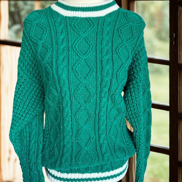 Retro Green Cable Knit Sweater - Picture 2 of 4
